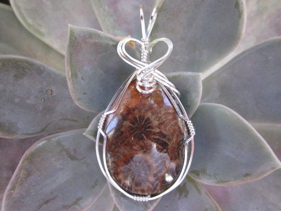 Fossil Coral Stone Sterling Silver Wire Wrapped Pendant