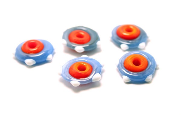Handmade Lampwork Glass Beads - Eye Of The Tiger - 5 Beads - Orange, Mystic Blue, White.