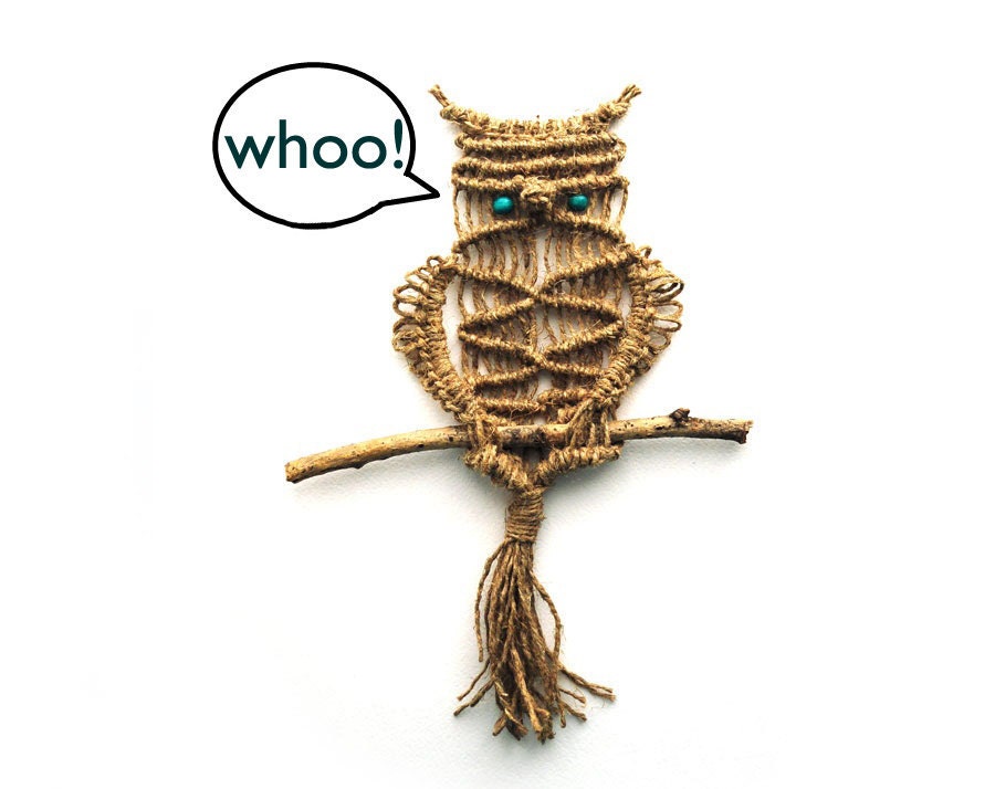 Brown Owl knotted netting  - rustic home decor, dream, turquoise, brown, nature, eco friendly, bird, fun cottage - ready to ship