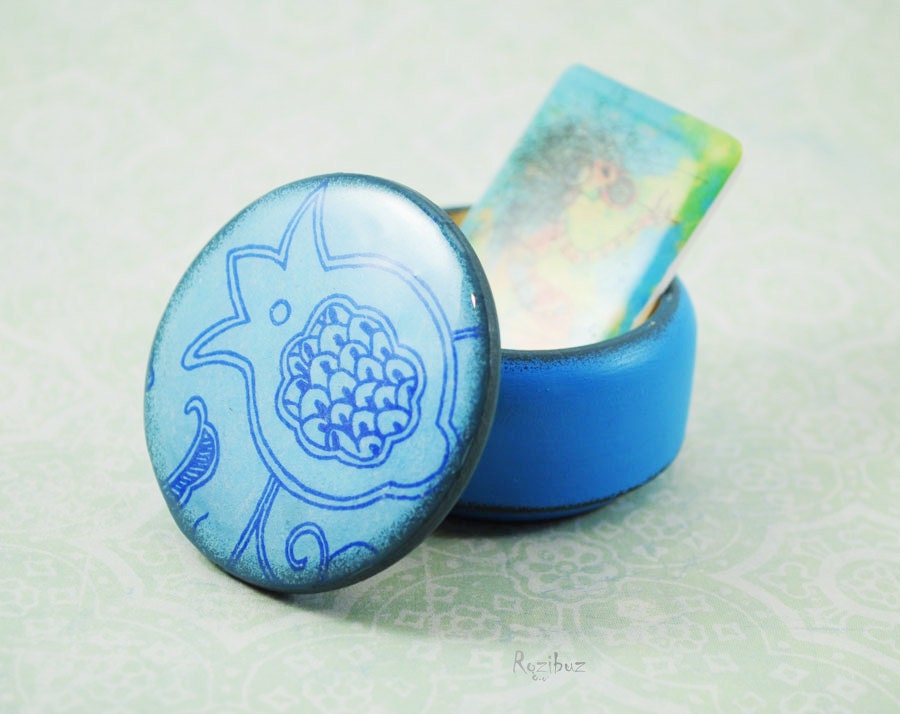 Blue trinket box -  wooden box for jewelry in vintage style, gift idea for her, fresh, frozen, winter, snow, frost, flower - ready to ship