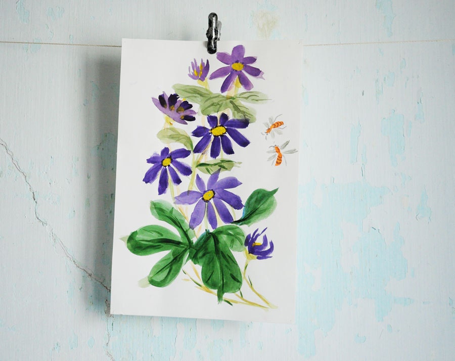 Hand painting watercolor bee and purple flower  - purple flower, yellow bee , home decor, picture, art - made to order