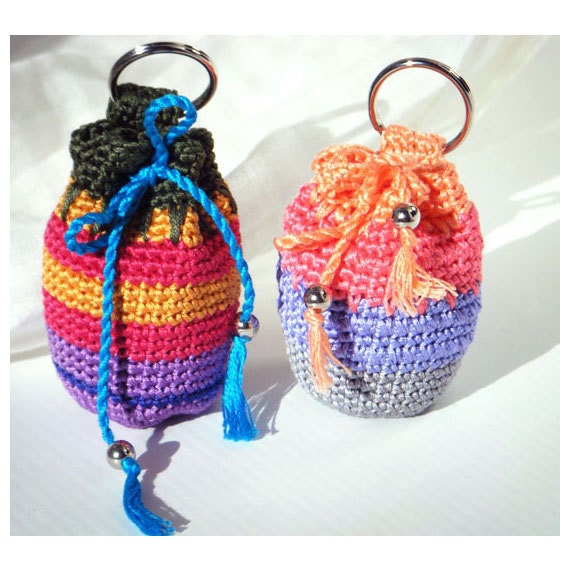 Mini Crocheted Key Chain Pouch - Small Cotton Purse, Bag - Striped Purple, Green, Blue, Yellow, Pink