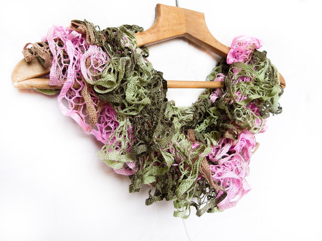 Spring fashion scarf green pale pink ruffled lace accessories, frilly ruffle curly scarf, collar, long knitted, wrap, neckwarmer, avidteam