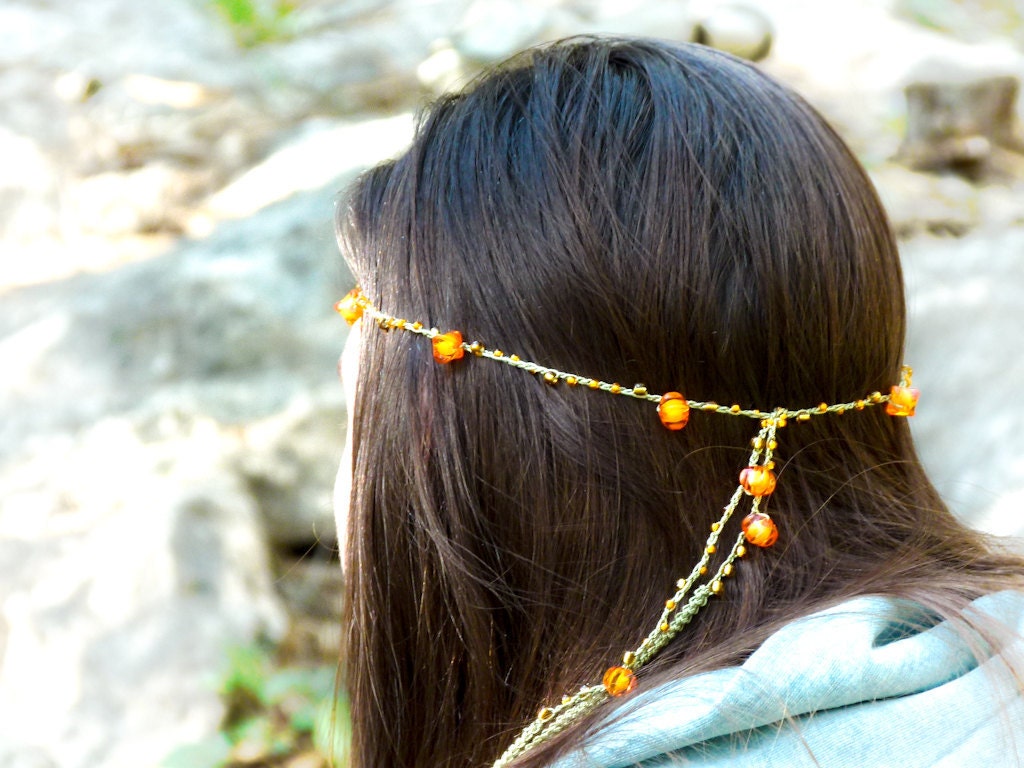 Bohemian skinny headband tangerine orange brown green bead crochet cord  Gypsy hair piece