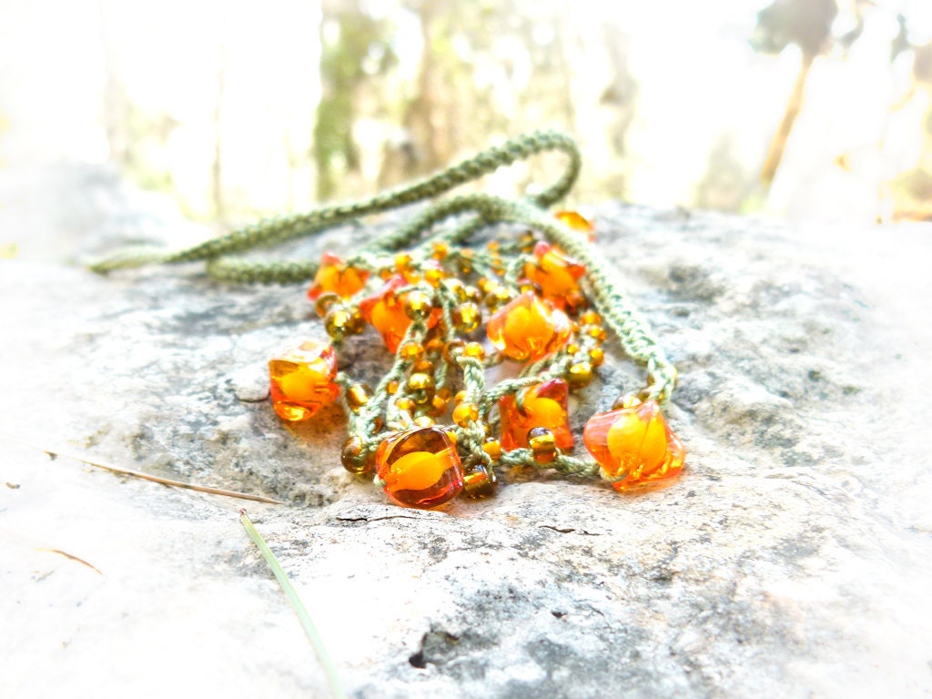 Bohemian skinny headband tangerine orange brown green bead crochet cord  Gypsy hair piece
