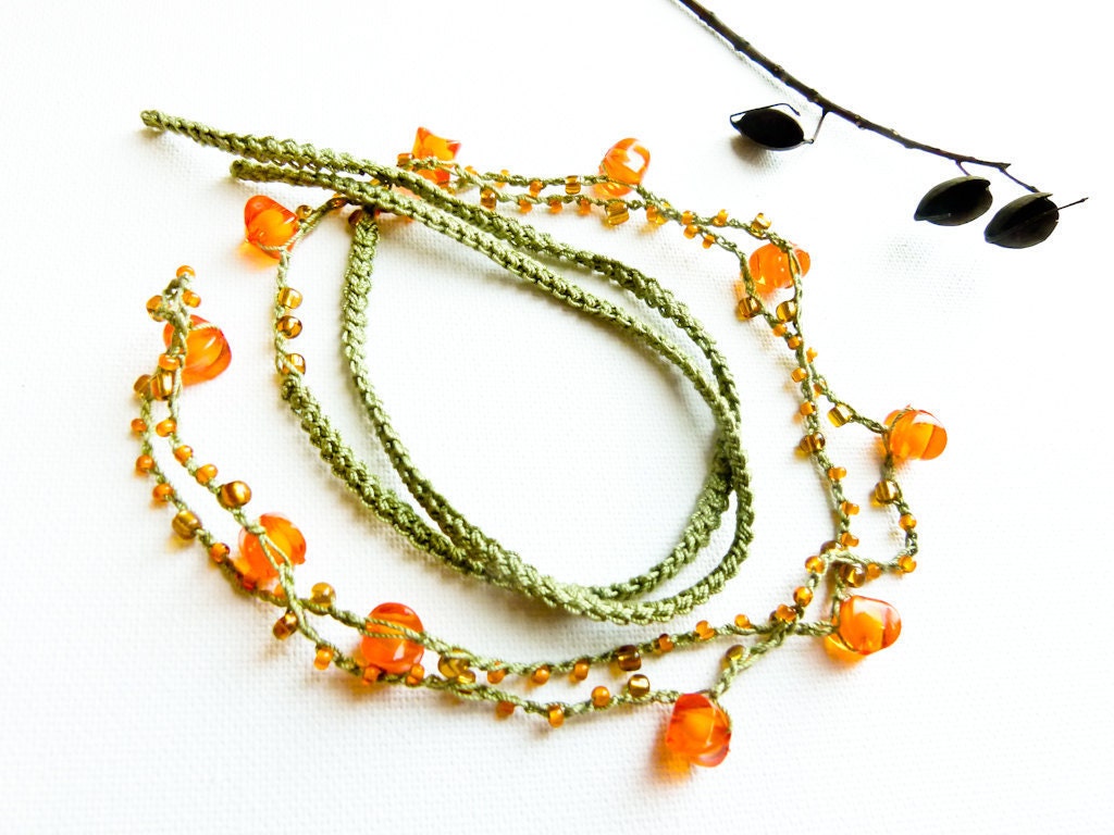 Bohemian skinny headband tangerine orange brown green bead crochet cord  Gypsy hair piece