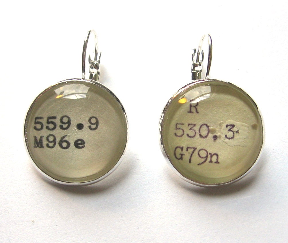 LITERATURE - Dewey Decimal Vintage Card Catalog Silver or Brass Lever Back Earrings