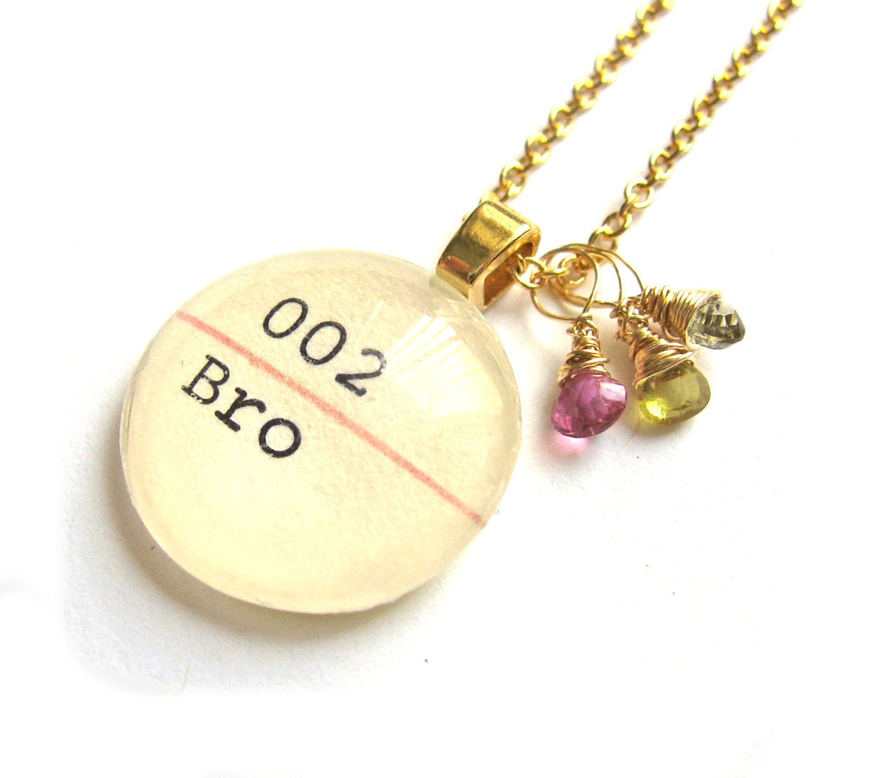 22K Gold Watermelon Tourmaline AAA Grade Dewey Decimal Vintage Card Catalog Luxe Necklace