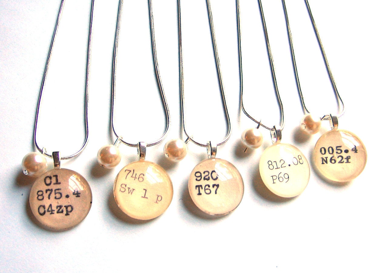 Bridesmaid Necklaces with Pearl and Library Book Charm Bridal Package of 5
