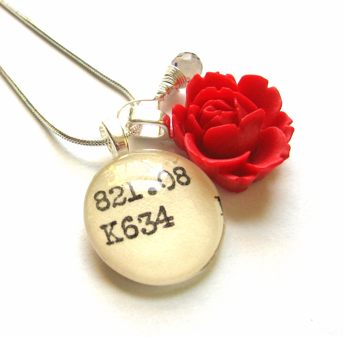 ON SALE Rose Red Smokey Topaz Silver Dewey Decimal Librarian Necklace