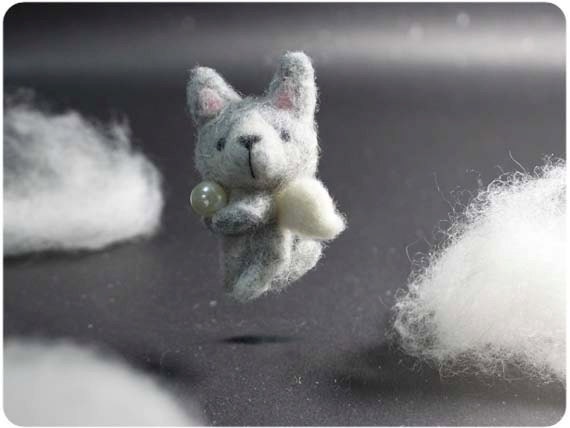Silver the Angel Cat - needle felted wool Pendant Necklace