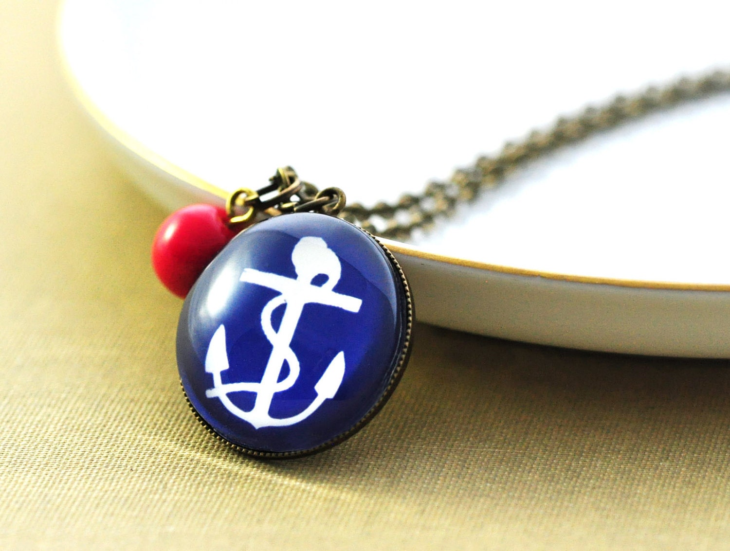 Anchor Necklace Navy Blue and Red Bead. Vintage Nautical Jewelry. Wearable Art.