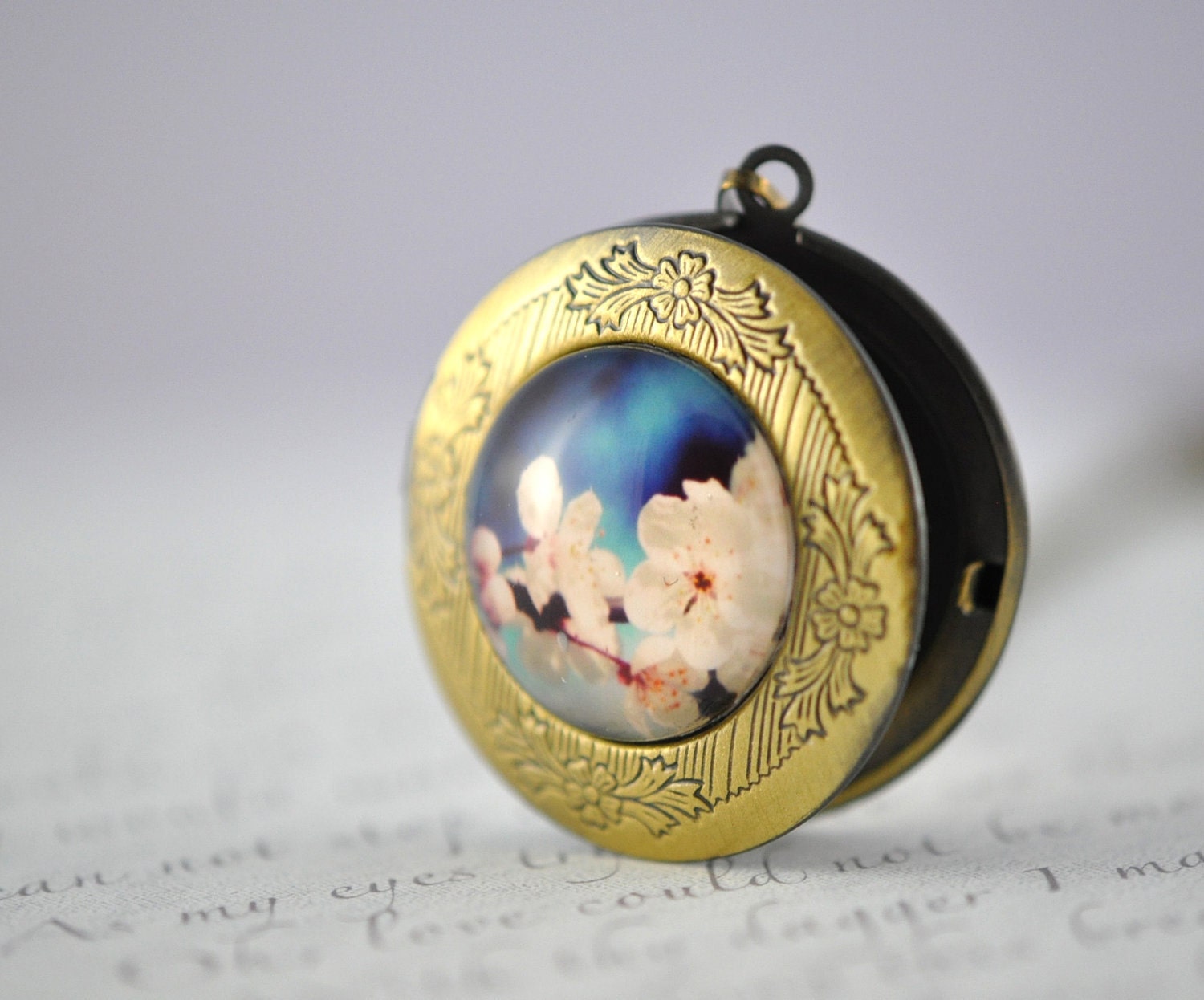 Navy Blue Blossom Vintage Locket. Cherry Blossoms Keepsake. Royal Blue. Mothers Day