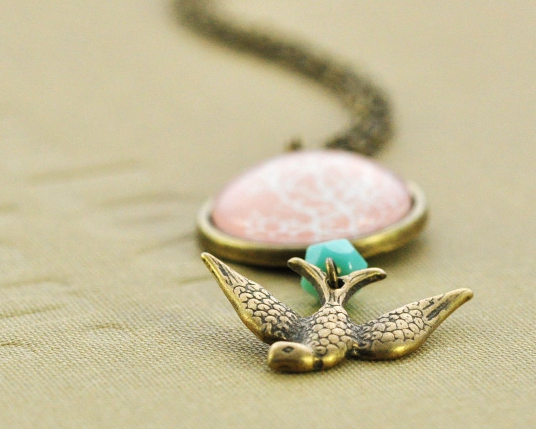 Swallow Bird Necklace. Peach branches. Mint bead. Vintage Style. Wearable Art.