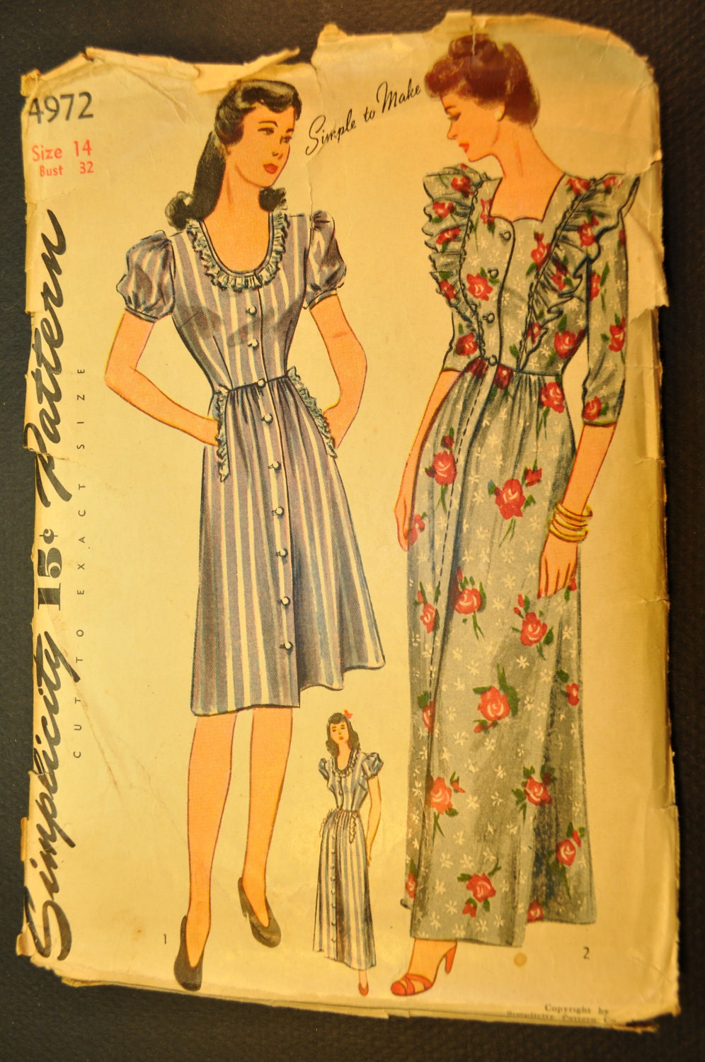 Misses' House Dress and House Coat Vintage 1940s Sewing Pattern-Simplicity 4972 Bust 32 Size 14