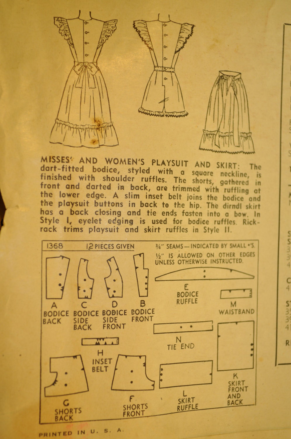 Misses' Skirt or Shorts Vintage 1940s Sewing Pattern-Simplicity 1368