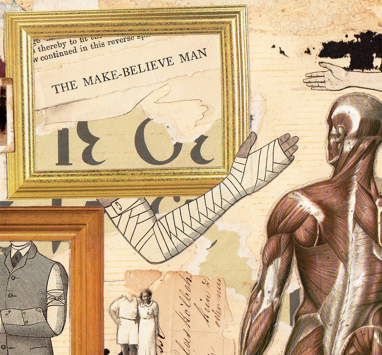 Anatomical Man, Original Collage, Vintage Photos, Ephemera & Handwriting