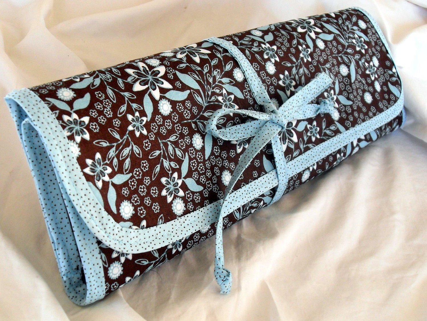 Knitting Needle Organizer Large Combination Needle Straight Blue Brown Flowers