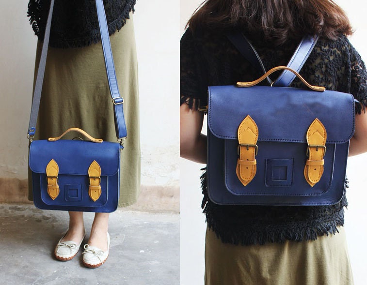 Handmade Contrast Color Leather Cambridge Satchel/Backpack/Crossbody bag /Messenger