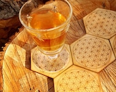 Sacred Geometry Coaster Set- FLOWER OF LIFE Design- Hexagon Natural Birch Wood Coasters Harmony Beauty Creation
