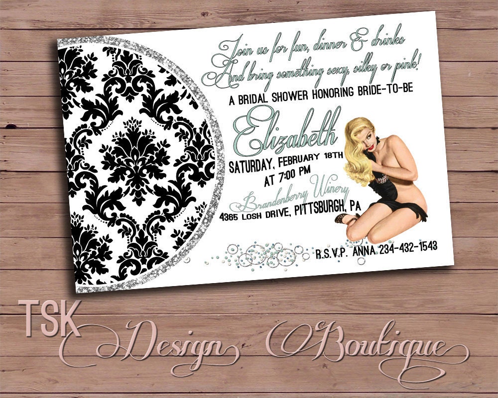 Betty Lou Collection - Vintage Pin Up Lingerie Black White Damask Tiffany Bridal Shower Wedding Invitation DIY Printable Bachelorette Il_570xn