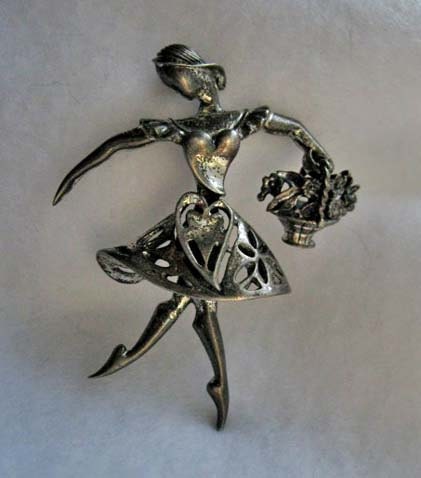Alice Caviness rare sterling brooch dancer ballerina flower girl - swinging basket moves.
