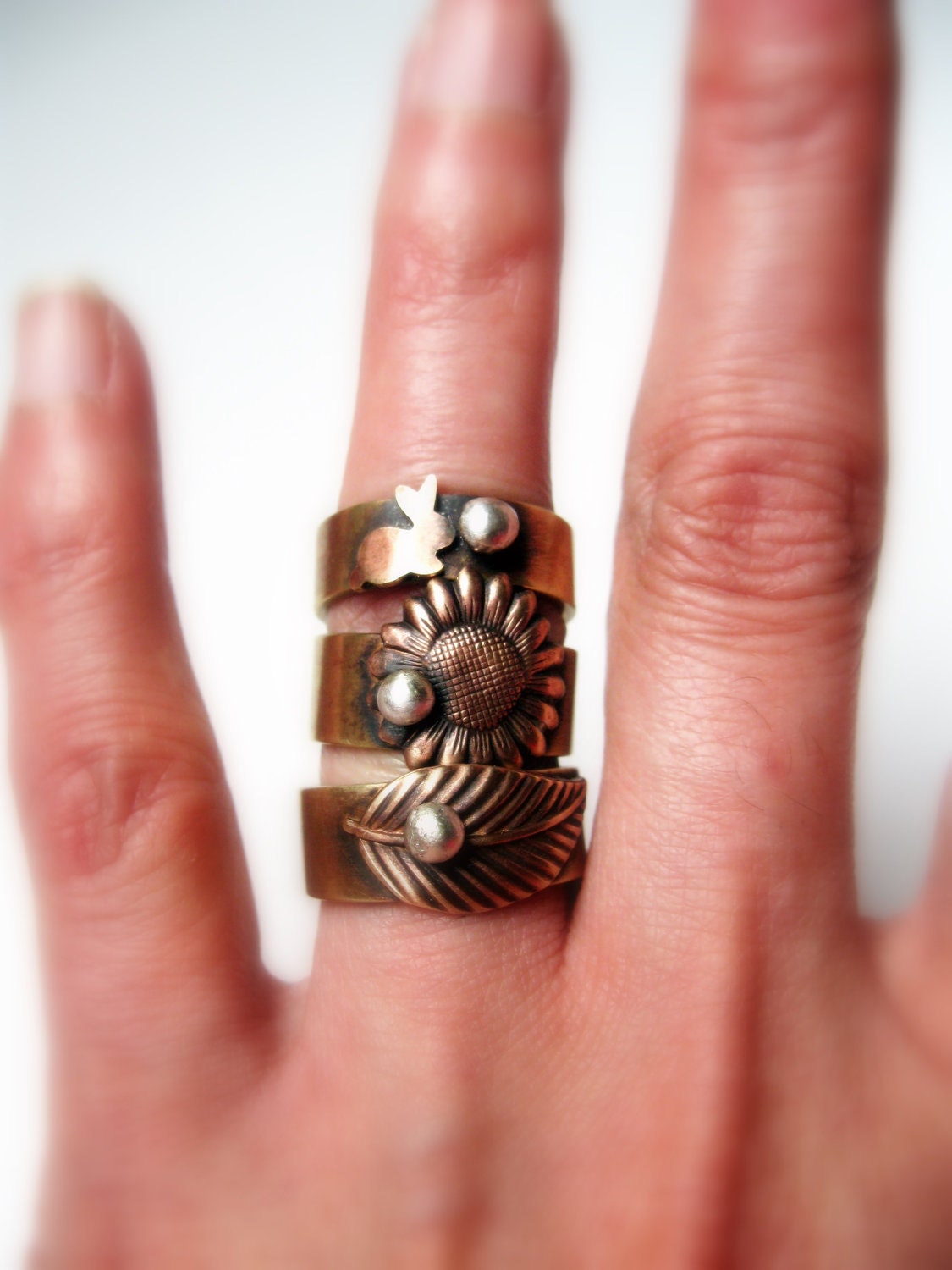 Bunny Ring Sunflower Daisy Leaf Rustic Gold Brass Recycled Silver Balls Geekery Novelty Jewelry Made to order