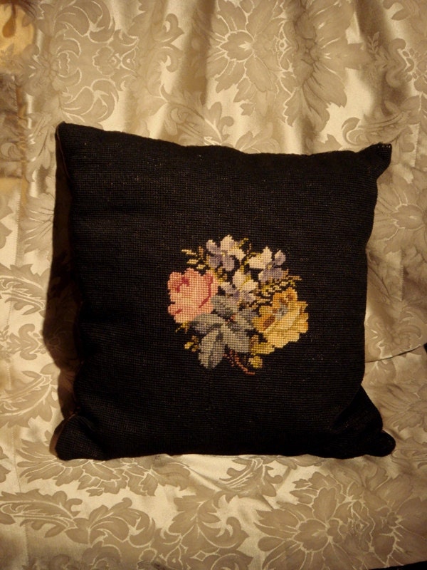 ANTIQUE NEEDLEPOINT PILLOW Old Roses and Velvet