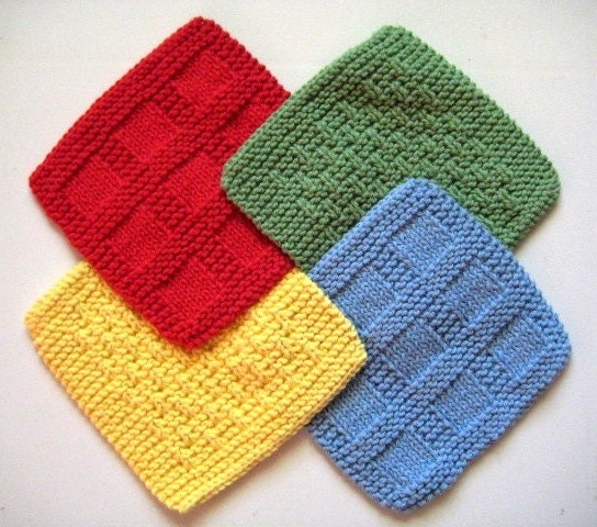 Soft Natural Dish cloths, Hand Knit, Red, Yellow, Green and Blue