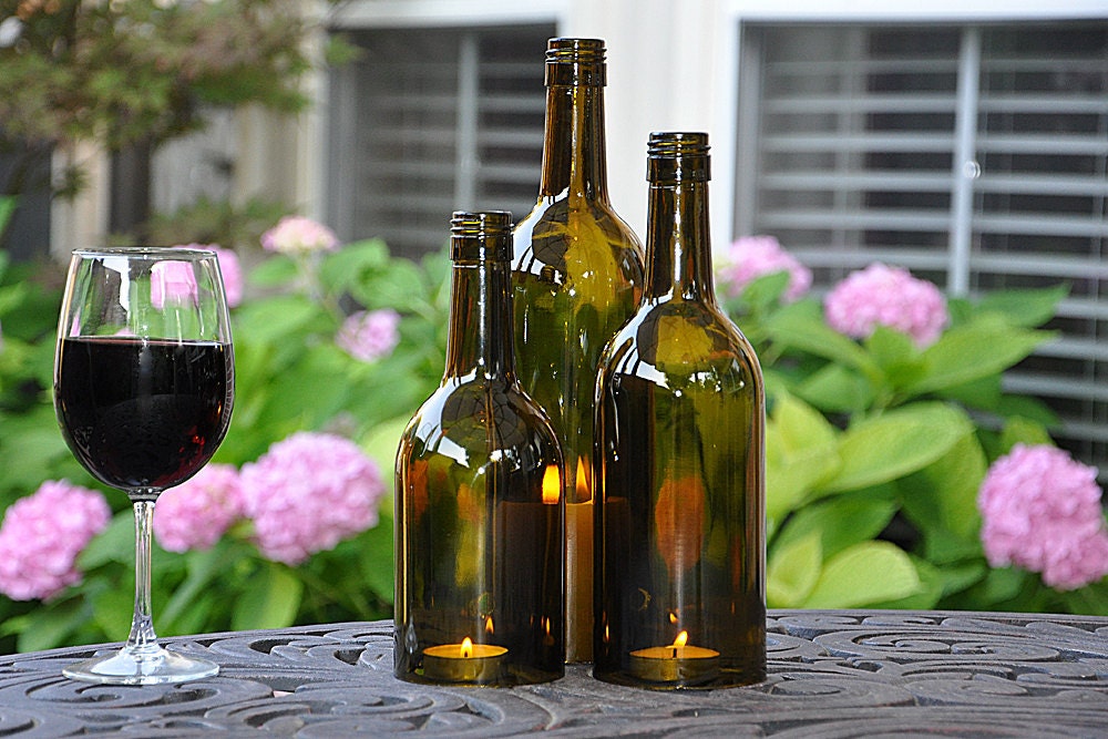 Wine Bottle Candles Hurricane Lamps Wedding Centerpiece (set of 3)