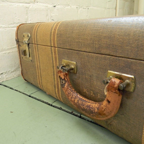 Vintage Industrial Tweed Suitcase with Stripe Design and Leather Detailing Cloth Interior Monogramed Initials M R B Steampunk