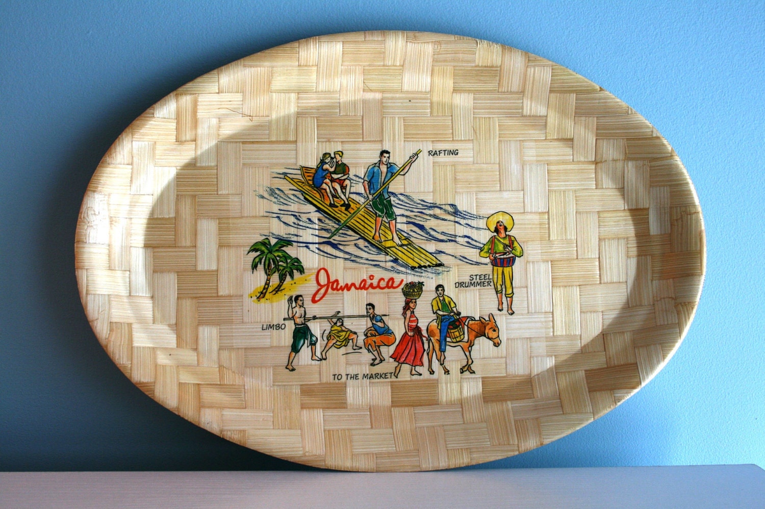 Vintage Bamboo Souvenir Tray Jamaica Oval