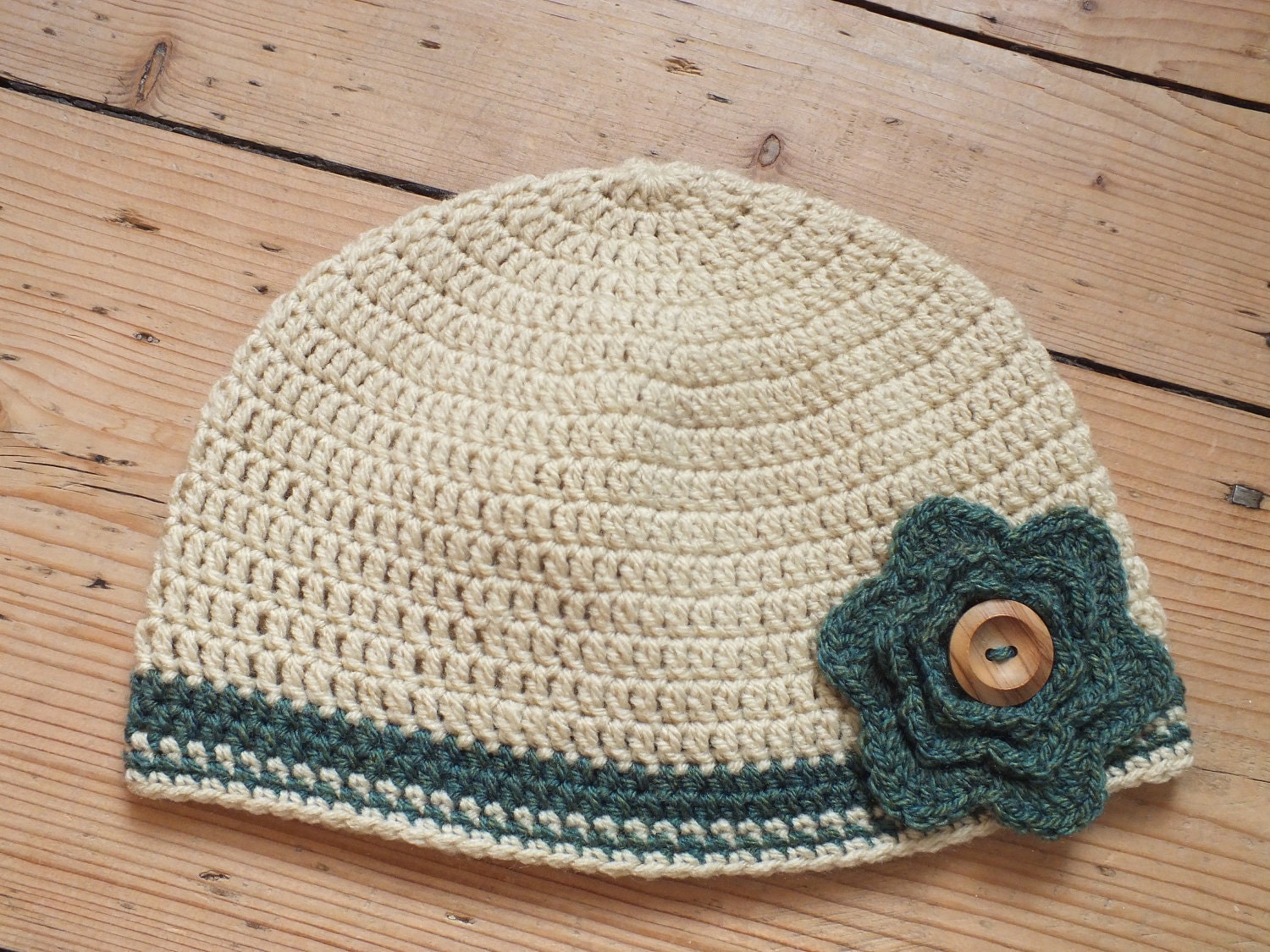 Adult Crochet Flower Beanie Hat in Soft Cream and Dusky Green: great gift