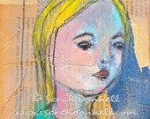 Small Original Painting Modern Retro Art Portrait Upcycled Recycled Repurposed Mixed Media Girl Woman Painting Australian - Patience