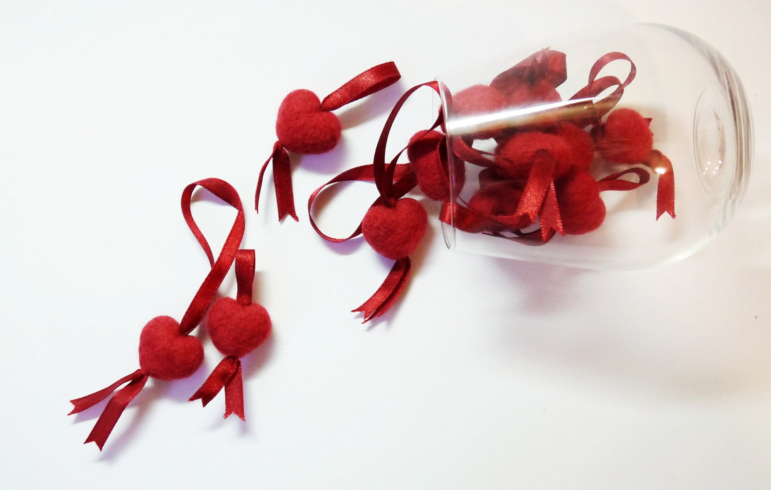 Love Needlecraft - Wool Felt Home Decor - Needle Felted Soft Hearts with Ribbons (Red),  set of 6