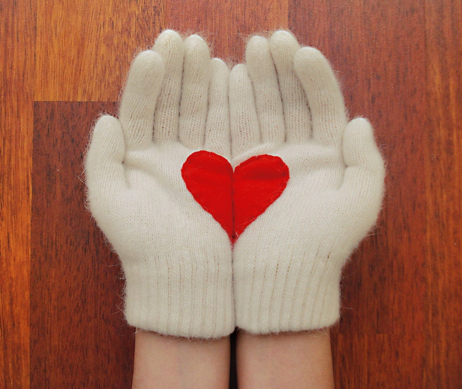 Handful of Heart, Cream Gloves with Red Felt Heart