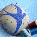 Blue Swallow hand-printed embroidered linen pincushion - bird sewing accessories