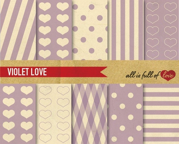 DIGITAL Scrapbooking Paper Pack VIOLET LOVE with heart patterns printable background Instant Download