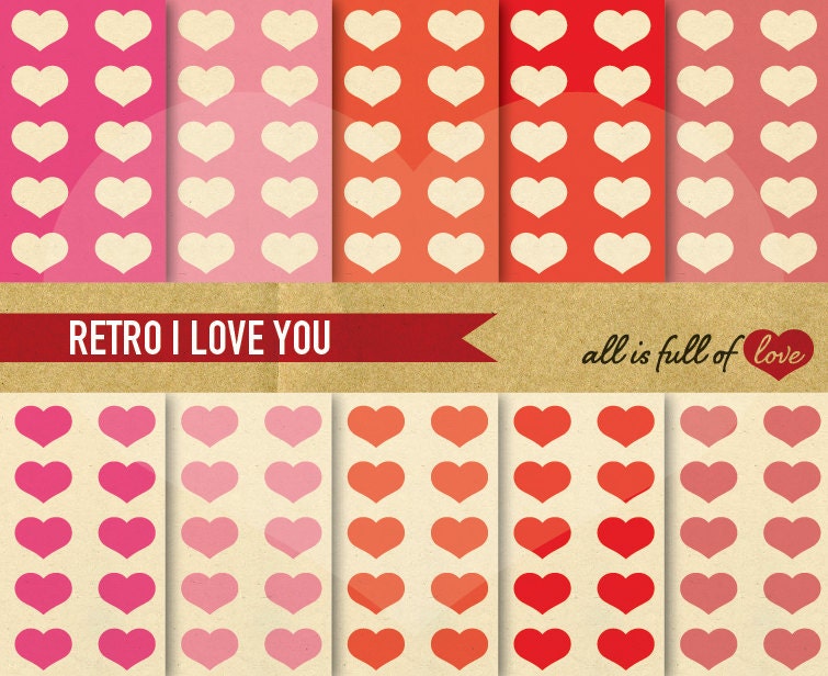Digital Scrapbooking Paper Pack Retro I LOVE YOU Instant Download
