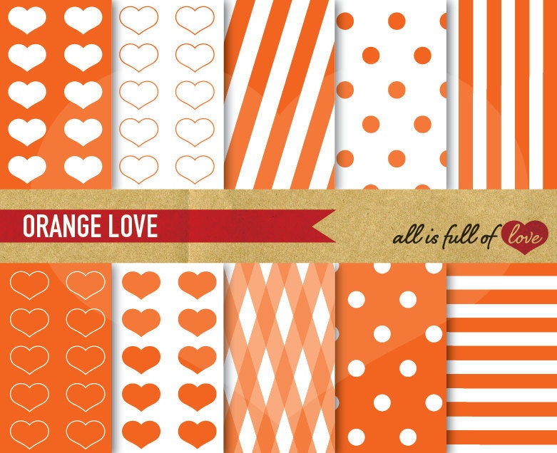 DIGITAL SCRAPBOOK PAPER Pack Orange Love with heart patterns polka dots and candy stripes with Instant download