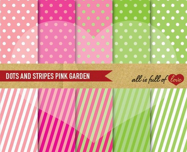 Digital SCRAPBOOKING Paper Pack Pink and Green Polka DOTS & STRIPES Printable Backgrounds Set Instant Download