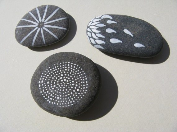 Set of Three Painted Gray Beach Stones