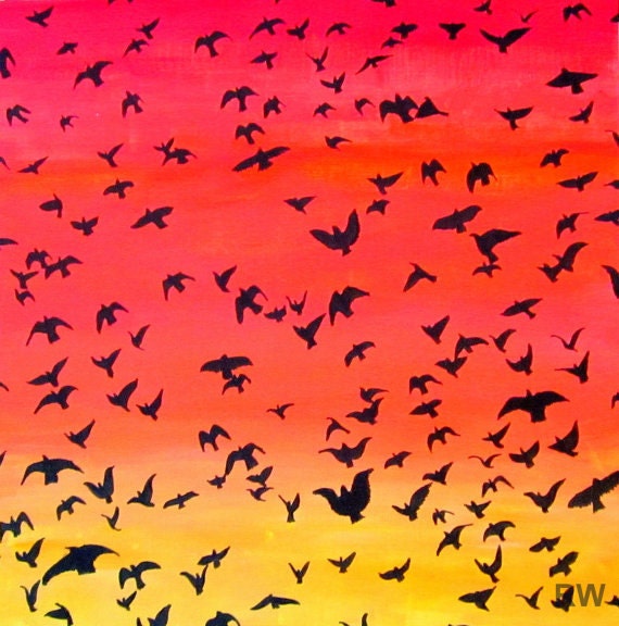 PRINT 8"x8" Flock of Birds in a Sunset Acrylic Painting & India Ink