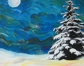 Night Sky in Winter with Snowy Tree Original Acrylic Painting