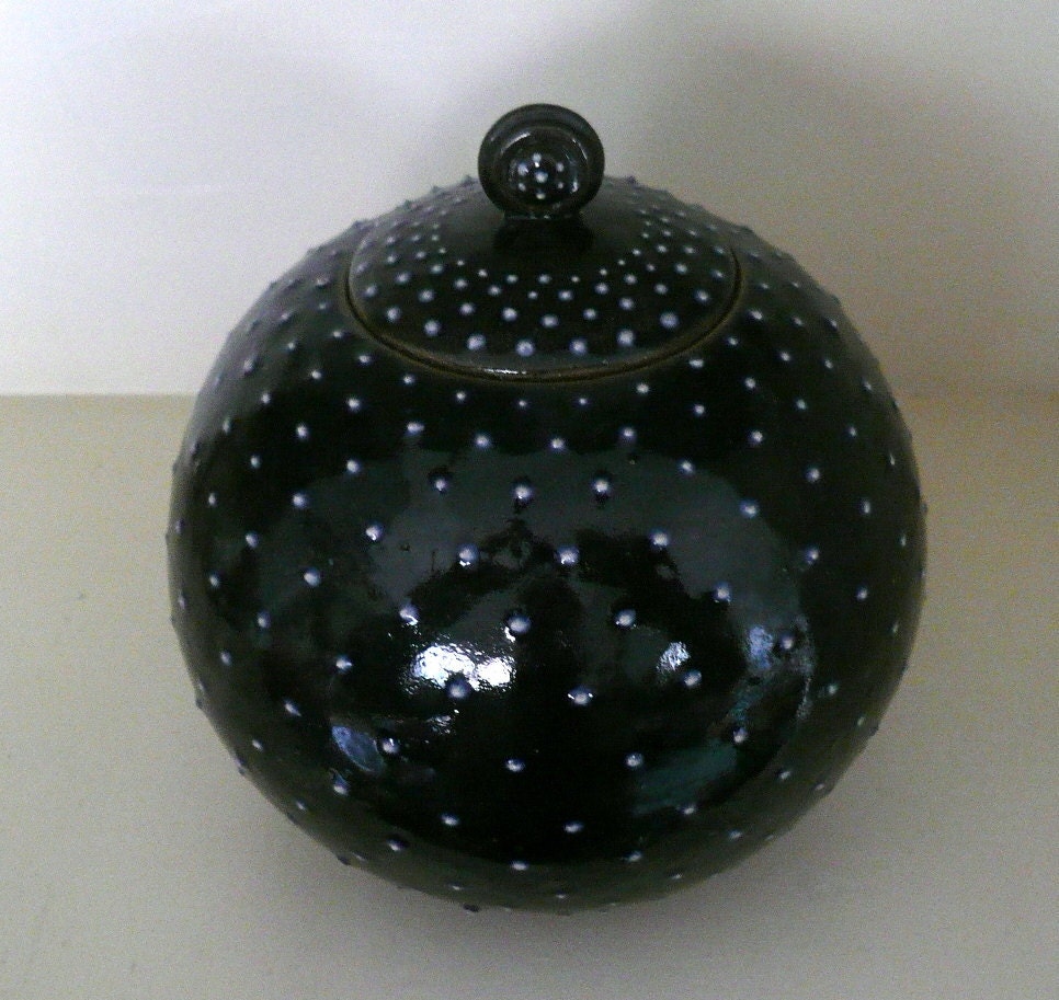 Spherical Ceramic Jar in Deep Dark Blue with White Dots, Orb, Starry Night, Black and White by Cecilia Lind, CrowWhitePottery