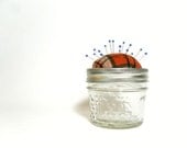 Plaid Pincushion Jar, Orange and Blue Small Unique Storage Pincushion - OneRedButtonCrafts