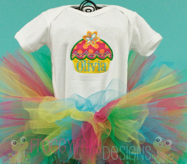 Birthday Summer Bright Flower Cupcake Bodysuit Onesie or Toddler Shirt and Matching Tutu Outfit for Little Baby Girls - PERSONALIZED Custom