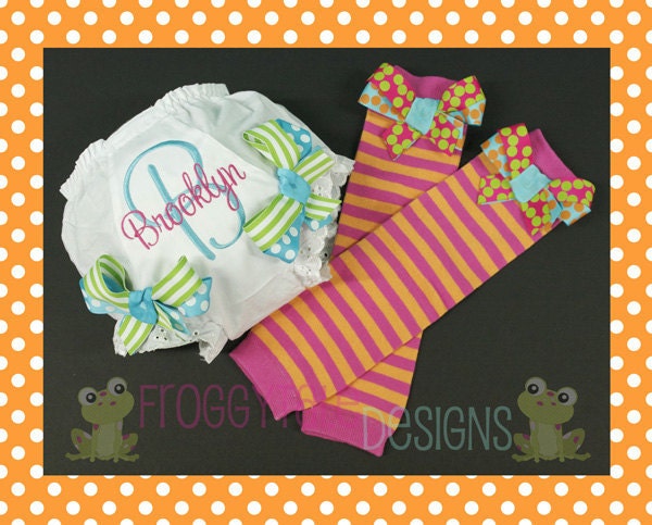 PERSONALIZED Diaper Cover Tutu Bloomer Leg Warmer Full Set Outfits in Fuchsia, Turquoise, Lime and Tangerine for Little Baby Girls - Custom