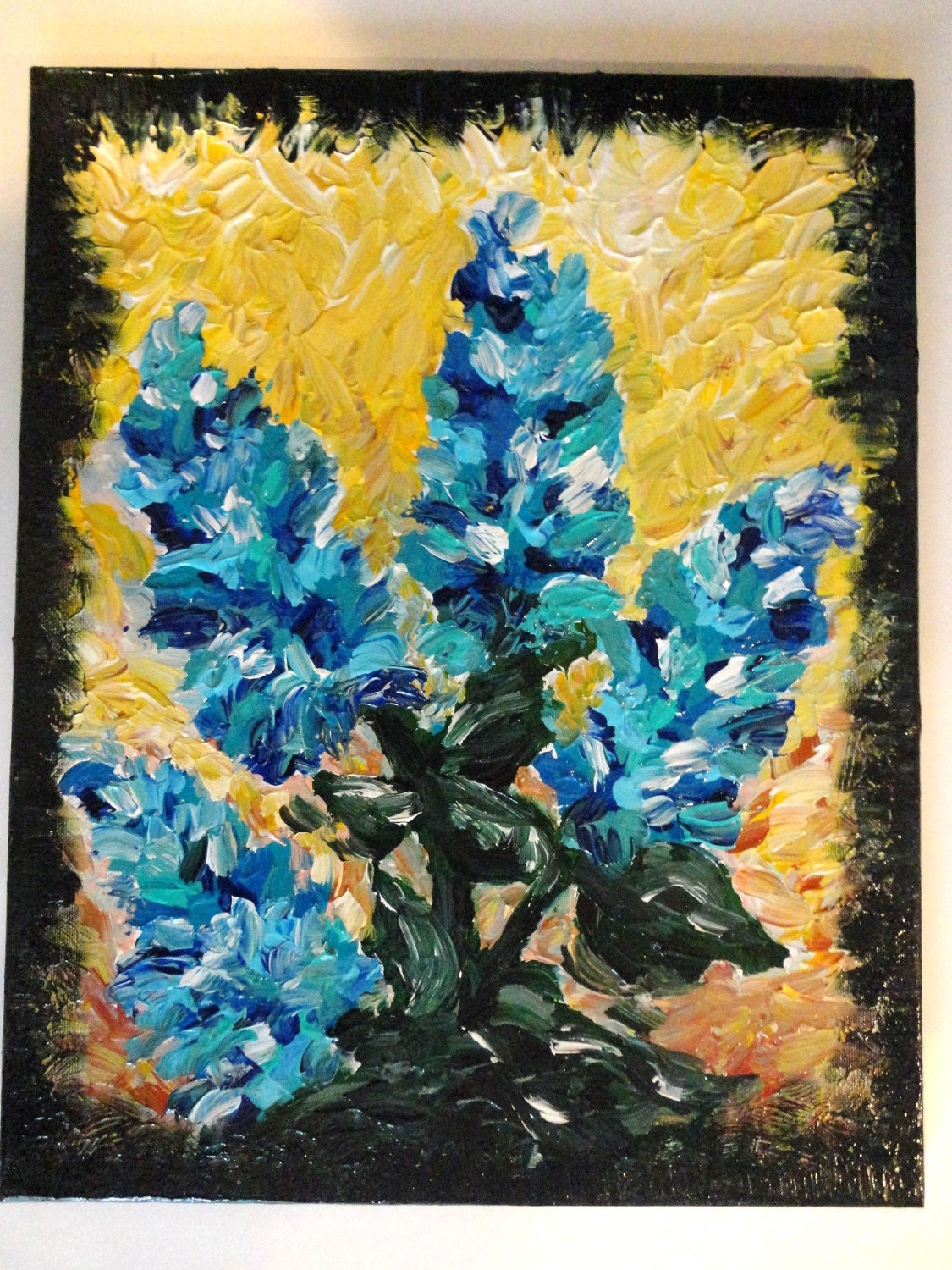 SALE - Original Painting Blue Shades Bloom FREE SHIPPING Abstract Impasto Floral Acrylic Modern Art 16 x 20 Beautiful Turquoise Green Yellow