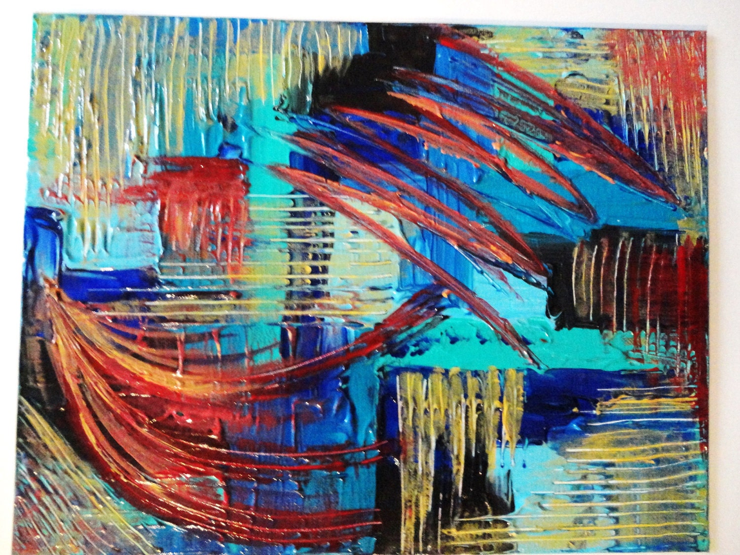 SALE - Original Painting. Colour FREE SHIPPING. Abstract Acrylic Modern 11 x 14 Expressionism Red Turquoise Blue Yellow Xmas Gift Under 100